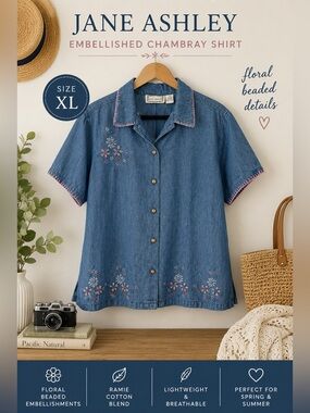 Jane Ashley Ramie Cotton Embellished Chambray Button Front Shirt Women’s XL